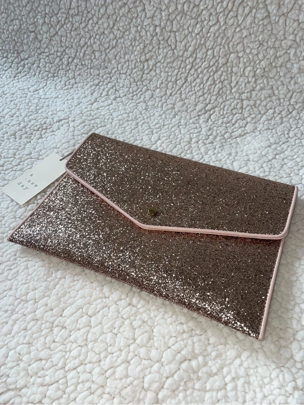 a new day Glitter Envelope Clutch - Rose Gold with Pink Trim